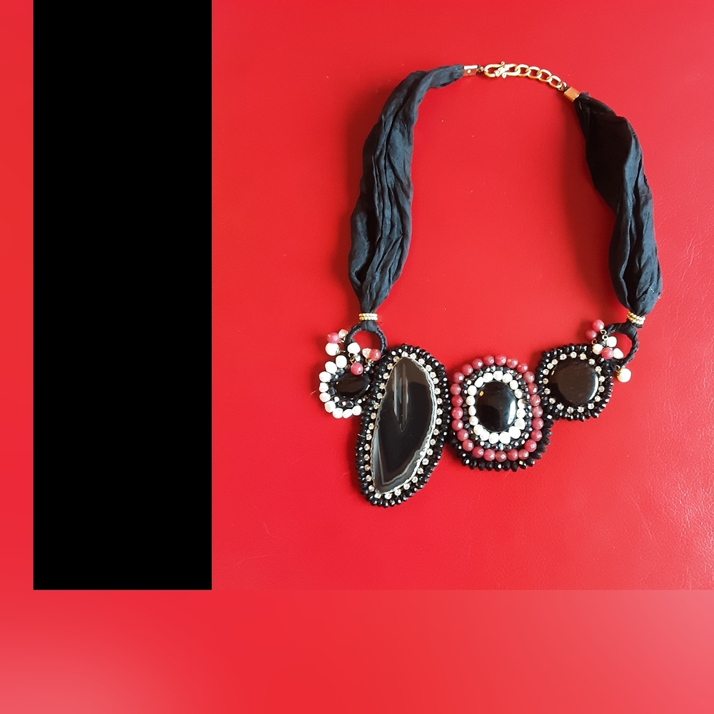 Unusual Handmade Large Black Red Necklace